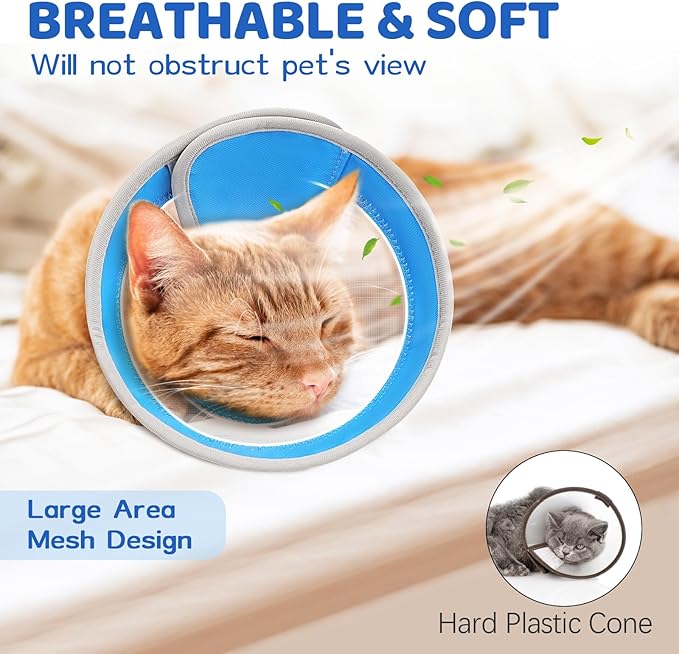 Breathable Air Mesh Cat Cone Collar Soft to Stop Licking, Adjustable, Foldable Lightweight Kitten Cones After Surgery Recovery for Cats & Kittens (Light Blue, S)