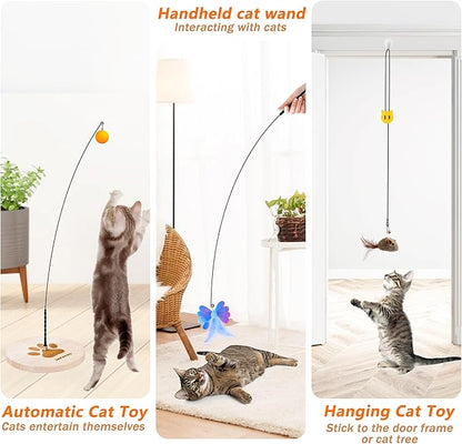 JXFUKAL Interactive cat Toy, Automatic Cat Wand Toy with Stable Wooden Base, 2 PCS Detachable Cat Teaser, 5PCS Refills Replacement & Hanging Elastic String, Kitty Kitten Toys Feather Spring Bird Toy