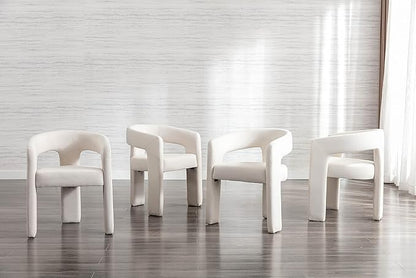 Set of 3 Modern Linen Fabric Upholstered Dining Chairs with Open-Back, Cute Barrel Side Chairs Kitchen Armchair Accent Chairs for Dining Room Bedroom, Ivory