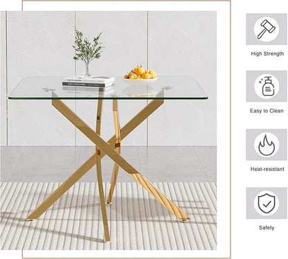 Goujxcy Glass Dining Table Set for 4, Modern Kitchen Table and Chairs Set of 4, 5-Piece Kitchen Dining Room Table Set w/36 Square Gold Glass Dining Table and 4 Beige Velvet Upholstered Chairs