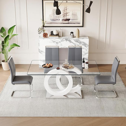 63'' Glass Dining Table Set for 4, Kitchen Table Chairs Set of 4, Clear Glass Dining Table with White unique design Leg and Silver Metal Base, 4 PU Dining Chairs with Metal Legs, Living Room, Kitchen.