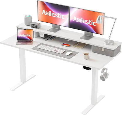 Agilestic 53 x 24 Inches Height Adjustable Electric Standing Desk with 2 Drawers, Stand Up Electric Desk Adjustable Height, Sit Stand Computer Gaming Table with Splice Board, White