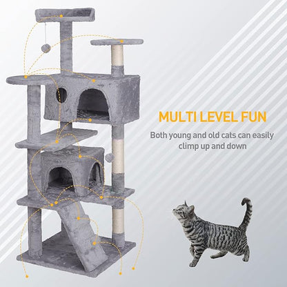 ZENY 54 inches Cat Tree with Sisal-Covered Scratching Posts and 2 Plush Rooms Cat Furniture for Kittens (Light Gray)