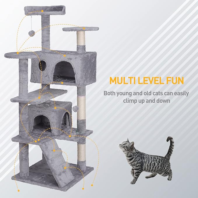 55 inches Heavy Duty Multi-Level Cat Tree Tower with Condo Furniture & Scratching Posts for Kittens Play Rest (Light Grey)