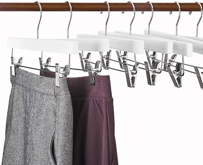 HOUSE DAY Premium Wooden Pants Hangers 25 Pack, Solid Lotus Wood Skirt Hangers with 2-Adjustable Clips, Heavy Duty & Anti Slip Wood Bottom Hanger for Slacks, Jeans, Trousers, Shorts (White)