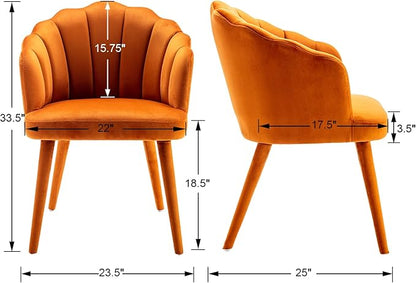 Velvet Dining Chairs Set of 2 Modern Living Room Chairs with Petal Back & Wood Legs Comfy Upholstered Side Chair for Dining Room/Bedroom/Vanity, Orange