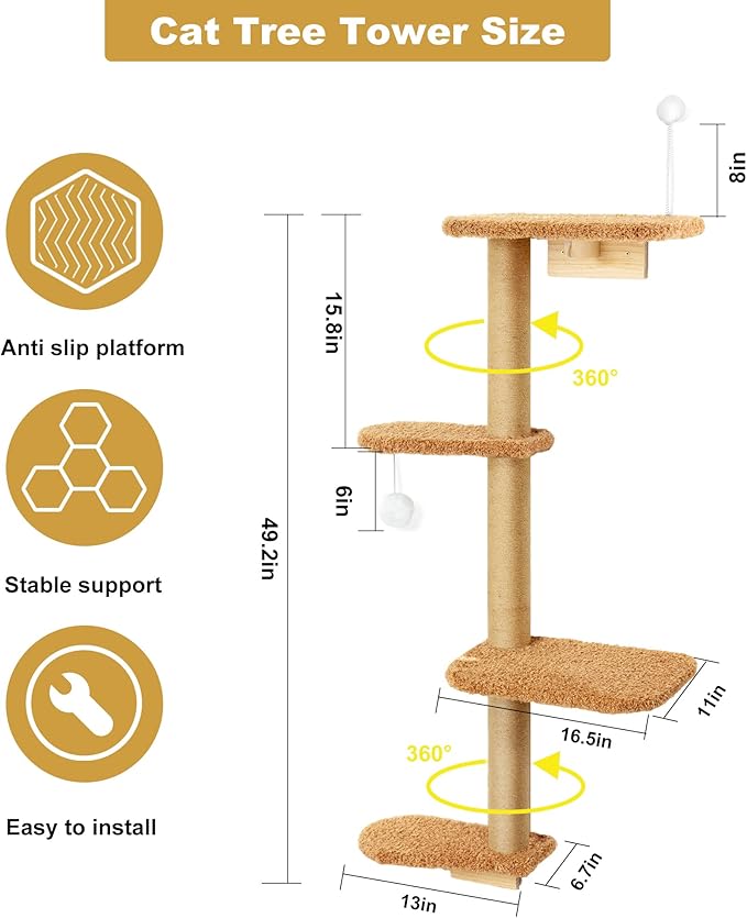 Brown Wall Mounted Cat Wall Climber & Tree for Kittens, 4 Platform Cat Shelves with Brown Plush Cushions, Floating Furniture for Climbing, Lounging, Scratching – 49” Tall