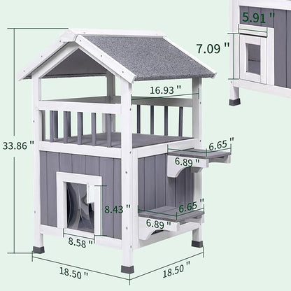 GEGURI Outdoor Cat House Weatherproof, Wooden Two-Story Feral Cat Shelter with, Escape Door, Balcony