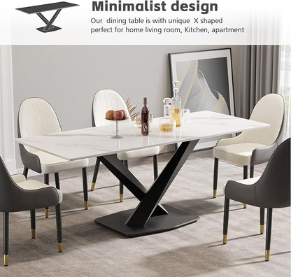 Modern Rectangle Marble Dining Table for 6,63" White Marble Sintered Stone Top Dining Table,Rectangle Dining Room Table with X-Shape Carbon Steel Pedestal for Kitchen/Living Room(Table Only)