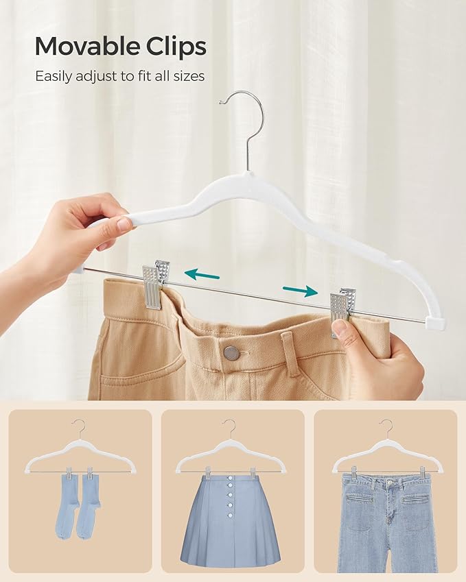 SONGMICS 20-Pack Pants Hangers, 16.7-Inch Long Velvet Hanger with Adjustable Clips, Heavy-Duty, Non-Slip Skirt Hangers, Space-Saving for Pants, Skirts, Coats, Dresses, White UCRF012W20
