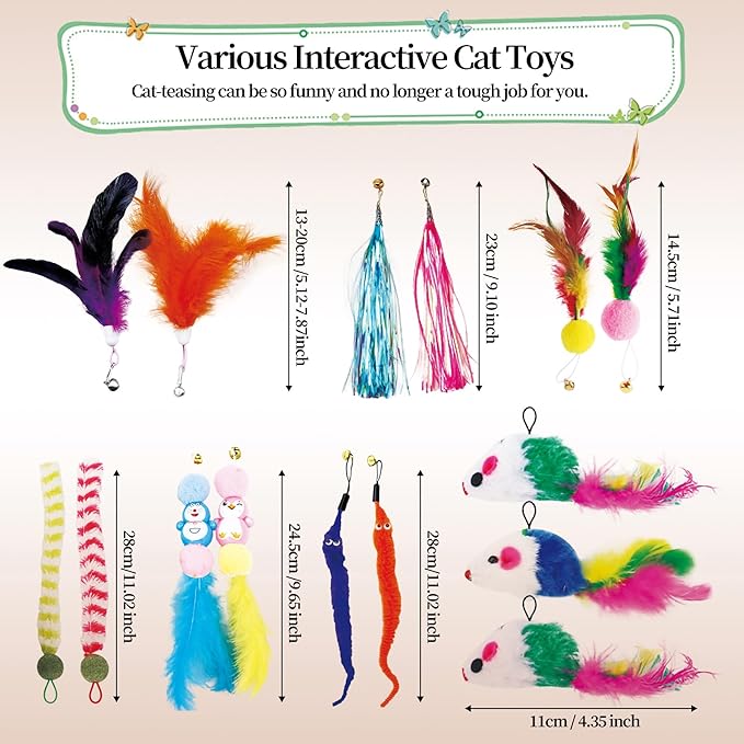 15PCS Cat Wand Toy Accessories, Cat Feather Toy Attachments Replacements, Mouse Toy and Tassels Strip for Indoor Cats Kitten