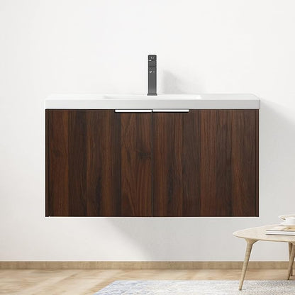 Goujxcy 36" Wall Mounted Bathroom Vanity with Sink, Modern Floating Bathroom Cabinet with White Resin Wash Basin & Storage Cabinet, Soft-Close Door Wood Hanging Bath Room Cabinet