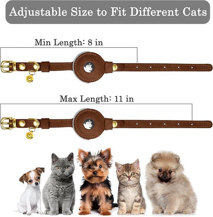 OOPSDOGGY Reflective Leather AirTag Cat Collar with Bell - Non Breakaway Adjustable Pet Collar with Apple Air Tag Holder - Lightweight GPS Kitten Collars for Small Dogs Puppy (Brown)