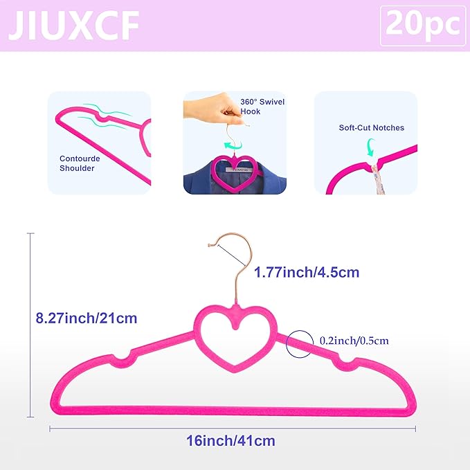 Velvet Hangers 20 Pack, 360° Swivel Rose Gold Hooks, 16" Non Slip Felt Hanger, Space Saving Clothes Hanger, Durable & Cute Flocked Heart Hanger for Adult (Hot Pink)