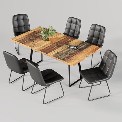 ZckyCine Extendable Dining Table Set 47"-63", Rustic Wood Table with 6 PU Leather Chairs, Modern Scandinavian Dining Room Furniture for Kitchen Apartment