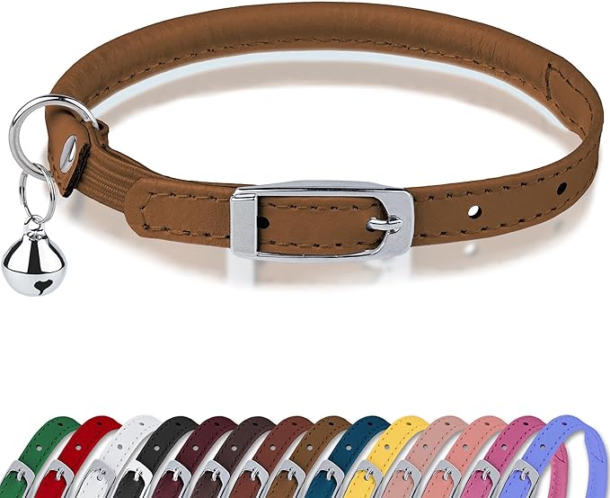 OOPSDOGGY Rolled Leather Cat Collar with Bell, Reflective Kitten Collars with Buckle Include Safety Elastic Strap - Adjustable Small Pet Collars for Boy Girl Cats (Beige)