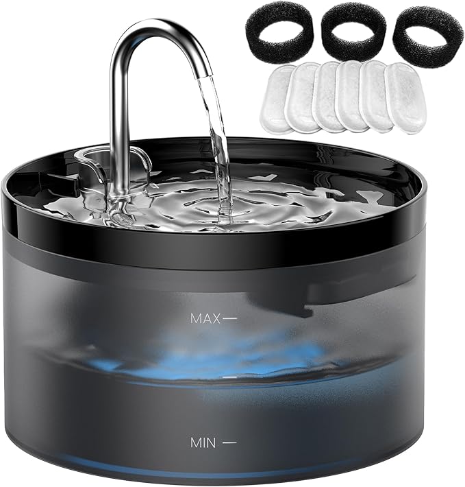 Cat Water Fountain Pet Fountain: 67oz/2L Cat Water Dispenser - Black Pet Dispenser - Faucet Dog Bowl - with 6 Filters + 3 Sponges - GIOTOHUN