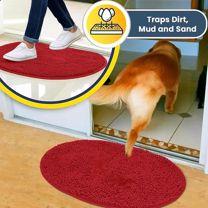 Muddy Mat® Shown on TV – Super Absorbent Microfiber Dog Door Mat for Muddy Paws, Non-Slip Washable Pet Rug, Quick Dry Chenille Entryway Carpet, Machine Washable Indoor Outdoor Mat, Red Oval 3ft x 5ft