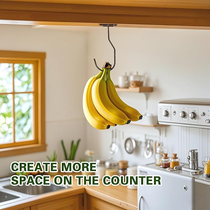Banana Hanger Hook – Space Saving Banana Holder Hanger to Keep Bananas Fresh, Self Adhesive and Screw Banana Hook 4Pack Copper