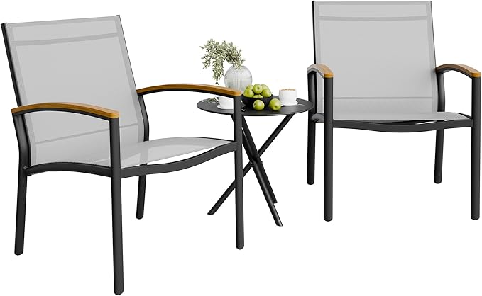 Shintenchi 3 Pieces Patio Bistro Sets, Outdoor Textilene Fabric Conversation Bistro Set, Textilene Fabric Front Porch Chairs Small Patio Furniture Set with Table for Lawn,Garden,Balcony (Grey)