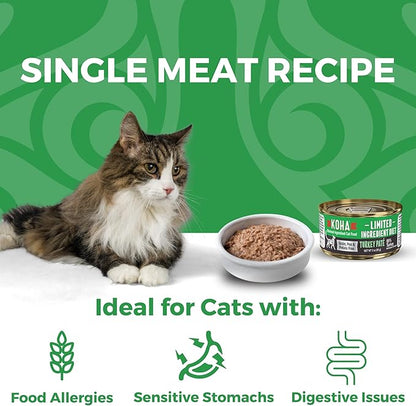 KOHA Limited Ingredient Diet Turkey Pate for Cats - Single Meat Wet Cat Food for Sensitive Stomachs - Pate Cat Food with No Fillers - 3oz Pack of 24