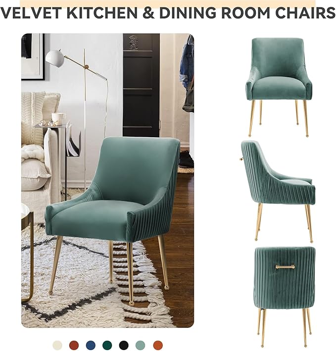 Dining Chairs, Accent Chairs Set of 6, Modern Upholstered Kitchen Dining Room Chairs with Gold Legs, Fabric Tufted Velvet Living Room Chairs for Reception Room Bedroom Guest Room (Green)