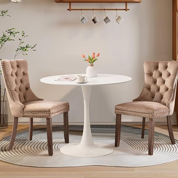 SoarFlash Kitchen Table and Chairs for 2, 31.5" Dining Table Set for 2 with Velvet Upholstered Chairs, 3 Piece Round Kitchen Table Set, Dining Room Table Set for Small Space, Apartment, Khaki/White