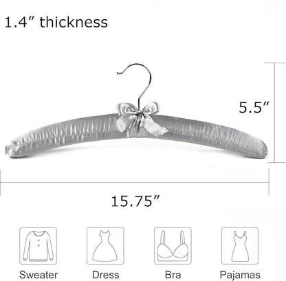 Grey Satin Padded Sweater Hangers 5 Pack, Blouse Hanger with Thick & Soft Foam for Bridal Wedding Dress Lingerie, Smooth Silk Covered Shirt Hanger Without Shoulder Bump
