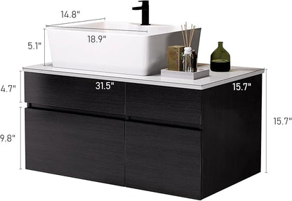 Goujxcy 31.5" Wall Mounted Bathroom Vanity with Sink, Modern Floating Bathroom Cabinet with Ceramic Sink & Storage, Wood Hanging Bath Room Cabinet with Soft-Close System (White & Black)