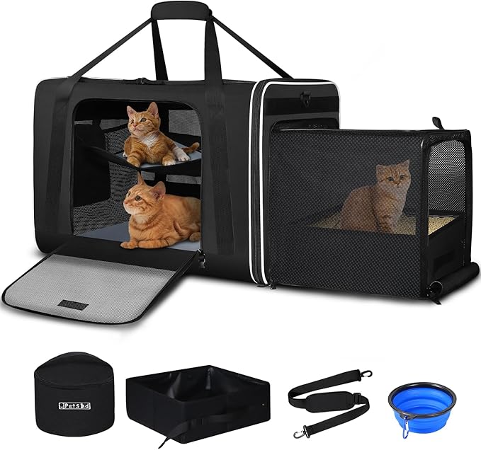 Petskd Side Expandable Extra Large Cat Carrier with Litter Box Area, 24"x17"x17" Soft-Sided Pet Carrier for 2 Cats Under 55 lbs with Zipper Locks for Car Travel(Black)