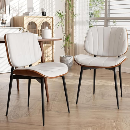 Dining Chairs Set of 8, Mid Century Modern Dining Room Chair, Upholstered Faux Leather Kitchen Chairs with Walnut Bentwood Back and Metal Legs for Kitchen Dining Room Living Room, White