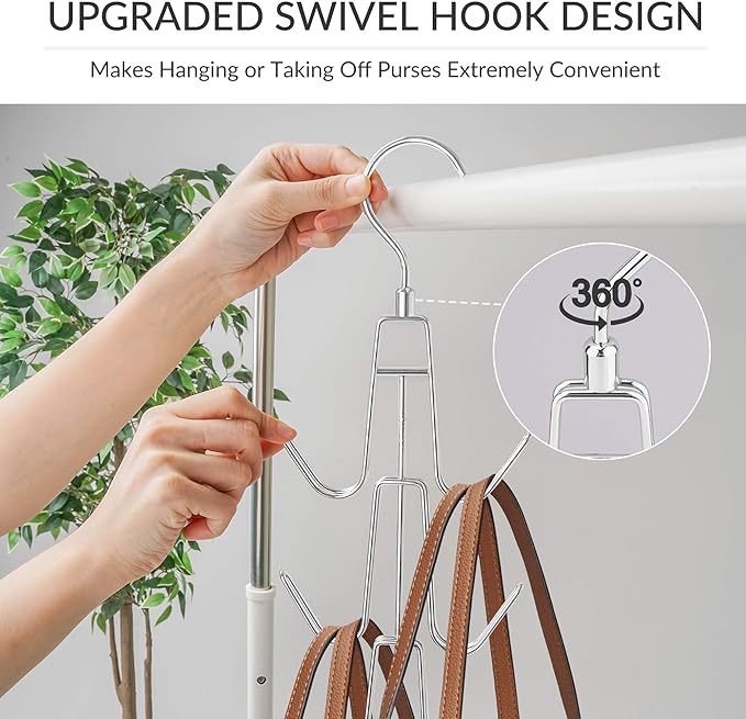 ZEDODIER Purse Organizer for Closet, 3 Pack Rotatable Sturdy Purse Hanger Bag Rack with 18 Hooks, Space Saving Handbag Backpack Holder, Closet Organizers and Storage, Silver