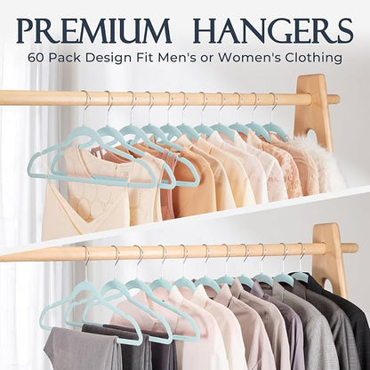 HOUSE DAY Sky Blue Velvet Hangers 60 Pack, Non Slip Clothes Felt Hanger Heavy Duty for Coat, Premium Slim Space Saving Suit Hangers for Closet Organizer, 360° Rotating Silver Hook