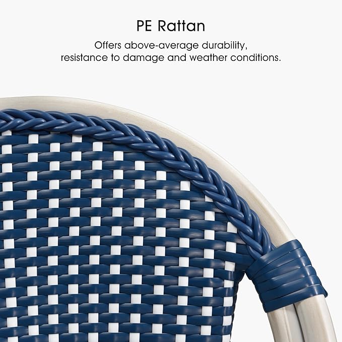 PURPLE LEAF French Counter Height Bar Stool Set of 2 25" White Print Finish Patio Bar Chairs with Back Rattan Bar Chairs French Bistro Set for Kitchen Outdoor Counter Stool Royal Blue