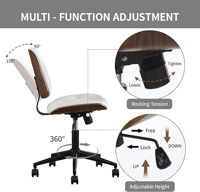 Small Home Office Chair - Armless Mid Back Desk Chair with 360° Swivel and Wheels, PU Upholstered Height Adjustable Modern Walnut Computer Chair for Home, Office Meeting Room - White