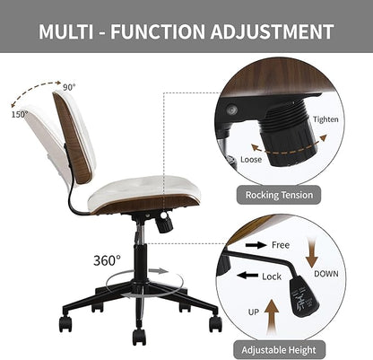 Small Home Office Chair - Armless Mid Back Desk Chair with 360° Swivel and Wheels, PU Upholstered Height Adjustable Modern Walnut Computer Chair for Home, Office Meeting Room - White