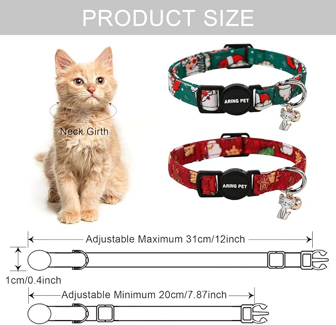 ARING PET 2 Pack Christmas Cat Collars-Cute Cat Collar Breakaway with Bell&Pendant, Adjustable Christmas Kitten Collars with Safety Buckle for Girl and Boy Cats