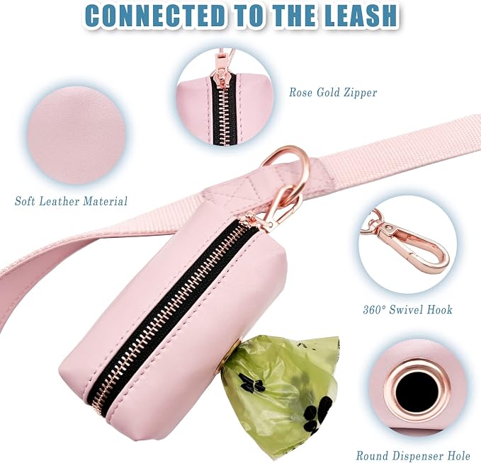 Soft Leather Dog Collar and Leash (6.6') Set - Stylish Rose Gold Heavy Duty Metal Buckle, 4 Adjustable Lengths Leash for Small Medium Large Dogs - Comfortable & Easy to Clean Pink Poop Bag Holder