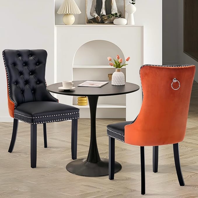 SoarFlash Kitchen Table and Chairs for 2, 31.5" Dining Table Set for 2 with Leather Upholstered Chairs, 3 Piece Round Kitchen Table Set, Dining Room Table Set for Small Space, Apartment, Black/Orange