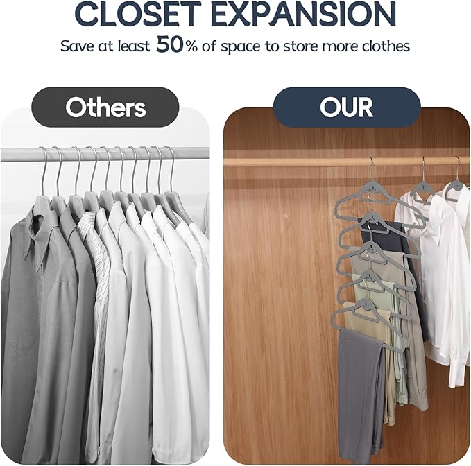 Velvet Hangers 50 Pack, Non Slip Stackable Clothes Hangers with Cascading Hooks, Ultra Thin and Space Saving Felt Hangers with Tie Bar, 360° Swivel Hooks, Heavy Duty for Suit Coat Shirt Pant- Gray