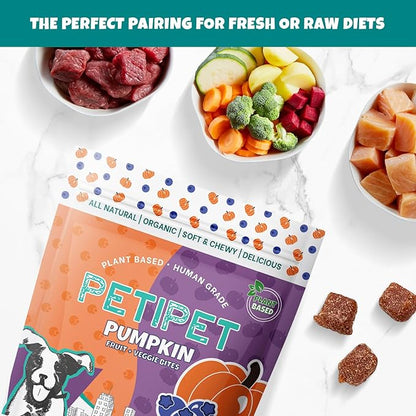 PETIPET Plant-Based Pumpkin Dog Treats - Pumpkin, Carrot, Apple, and Blueberry Soft & Chewy - Vegetarian, Vegan Dog Treats with Organic Ingredients - Low-Protein, Hypoallergenic, Gluten-Free