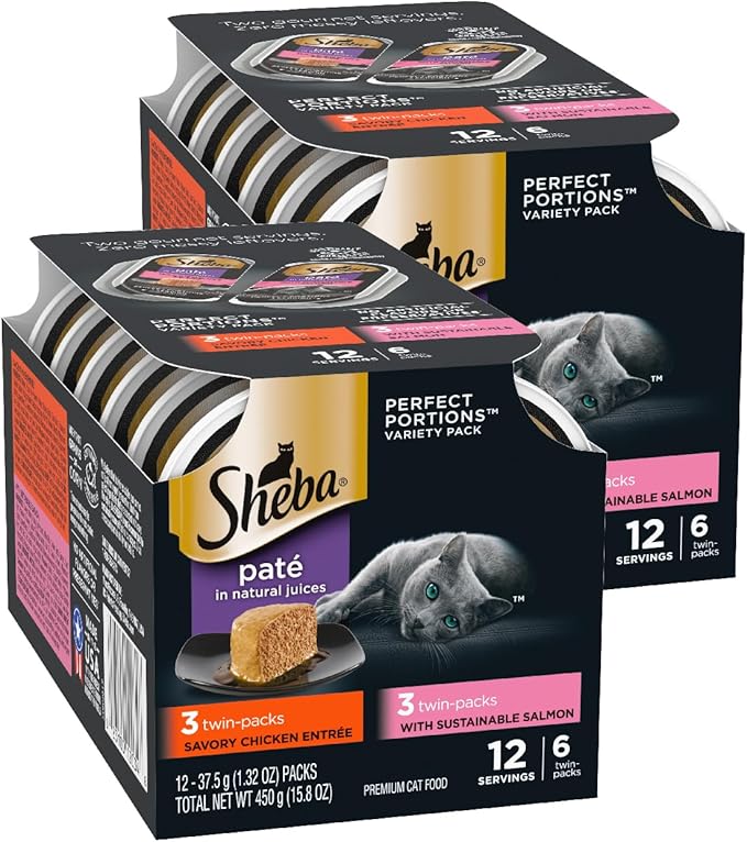 Sheba Perfect Portions Wet Cat Food Pate Savory Chicken Entree and with Sustainable Salmon Variety Pack, 2.6 oz. Twin-Pack Trays (6 Count, 12 Servings) (Pack of 2)