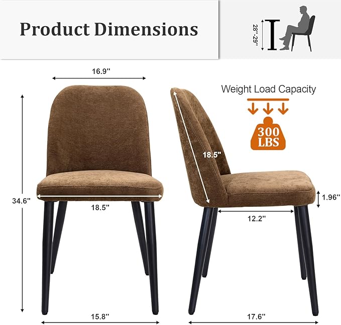 Upholstered Dining Chairs Set of 2, Mid Century Modern Fabric Dining Room Chair High-Back Padded Kitchen Chairs with Padded Seat and Metal Legs for Kitchen Dining Room Restaurant Cafe, Brown