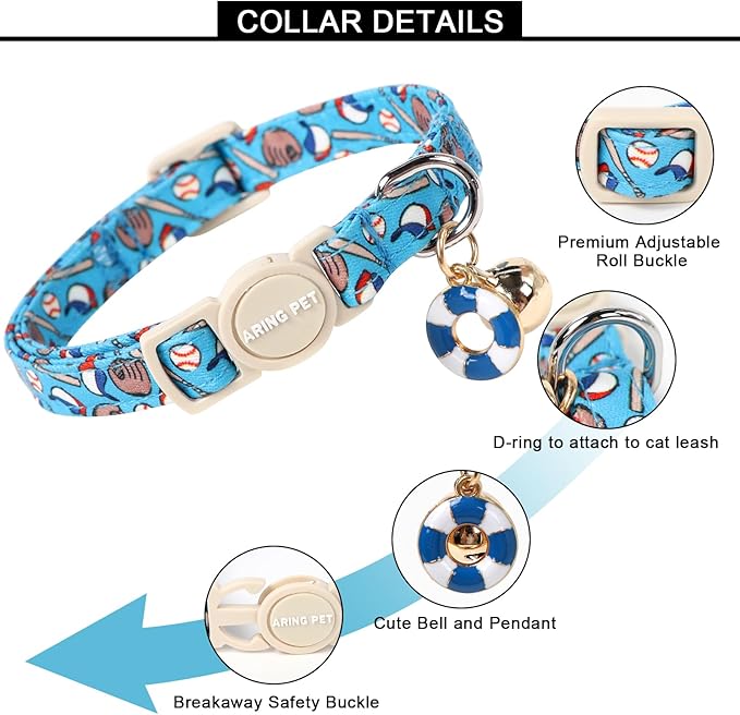 ARING PET 2 Pack Cat Collar-Cute Kitty Collars with Bell & Pendant, Adjustable Dinosaur&Baseball Kitten Collars with Safety Buckle for Girl and Boy Pets