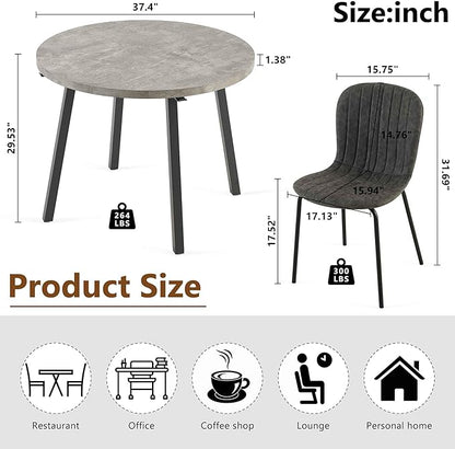 5-Piece Round Table Set for 4, 37.4" Grey Round Table with Hooks, Solid MDF Tabletop, Industrial Kitchen Table with Dark Grey PU Dining Chairs for Living Room, Dining Room
