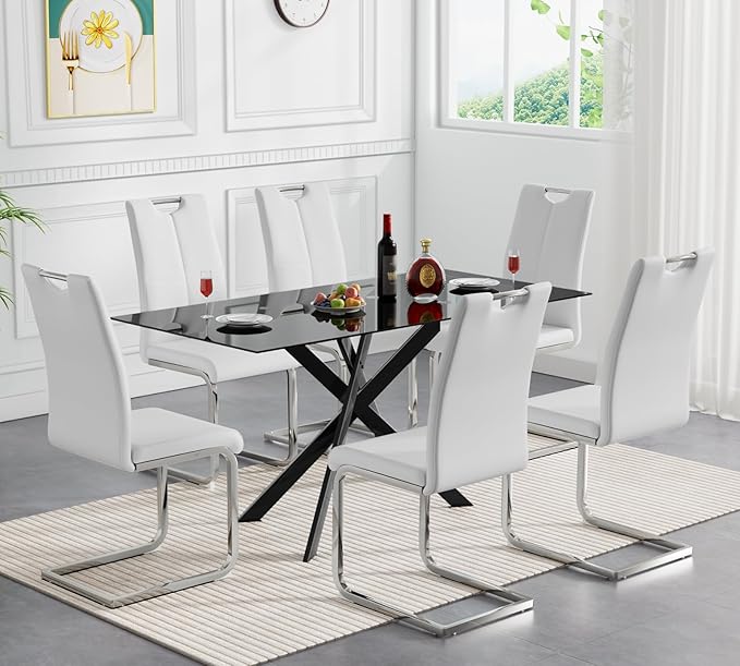 Goujxcy Modern Glass Dining Table Set for 6, Black Glass Kitchen Table and Chairs Set, 7 Piece Dining Room Table Set with 51" Rectangle Dinner Table and 6 White Leather Dining Chairs