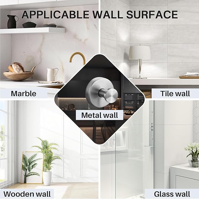 Suction Cup Hooks Stainless Steel Shower Hooks No Drill Towel Hooks Removable Wreath Hanger for Front Door, Bathroom Wall, Kitchen, Glass, Mirror (2 Pack)