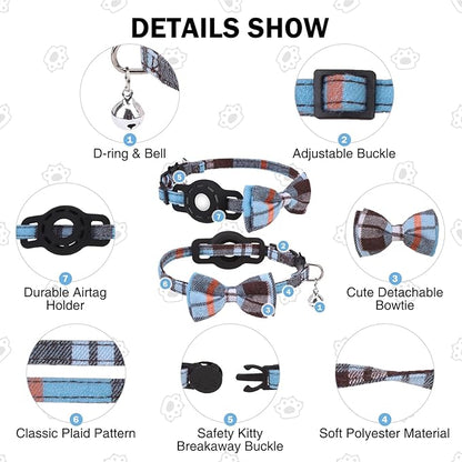 Airtag Cat Collar with Bells, Kitten Collar Breakaway for Girl Boy Cats, Safety Cat Collars with Bow Tie, Cat Collar Airtag Holder for Small Dogs Pets, 1 Pack Adjustable Plaid Design, Blue