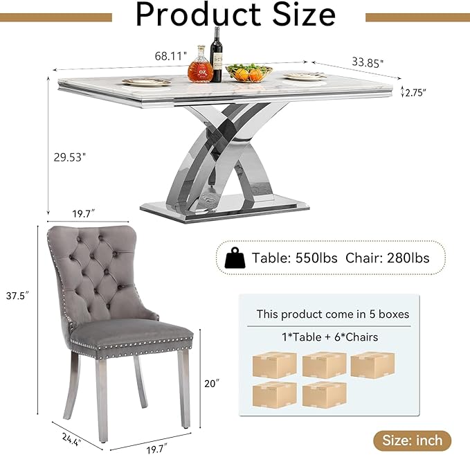 Goujxcy 7-Piece Dining Table Set Modern Faux Marble Dining Table Set for 6, Luxury 68" Long Faux Marble Kitchen Table with 6 Velvet Upholstered Chairs & Mirrored Stainless Steel Base