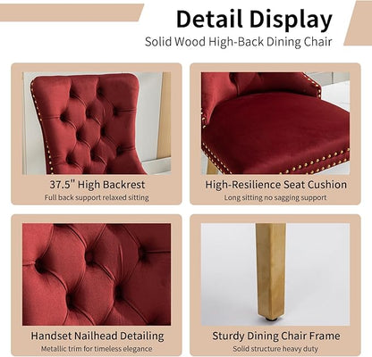 Luxury Upholstered Dining Chairs Set of 4, Red Kitchen Chair with Golden Metal Legs, Velvet Tufted Back Dining Chair, Sillas de Comedor, Modern Kitchen & Dining Room Chairs (Burgundyy, 4 Pcs)
